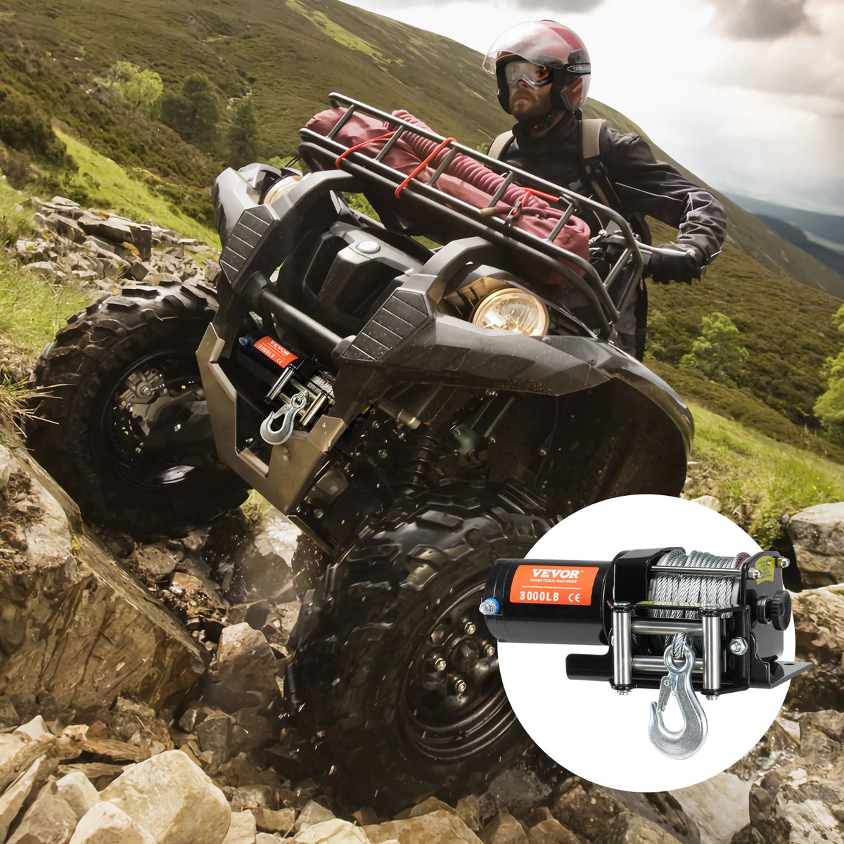 VEVOR elektriskā vinča ATV/UTV - 1360 kg ar tērauda Ttrosi, IP55 ūdensizturīga, vadu vadība