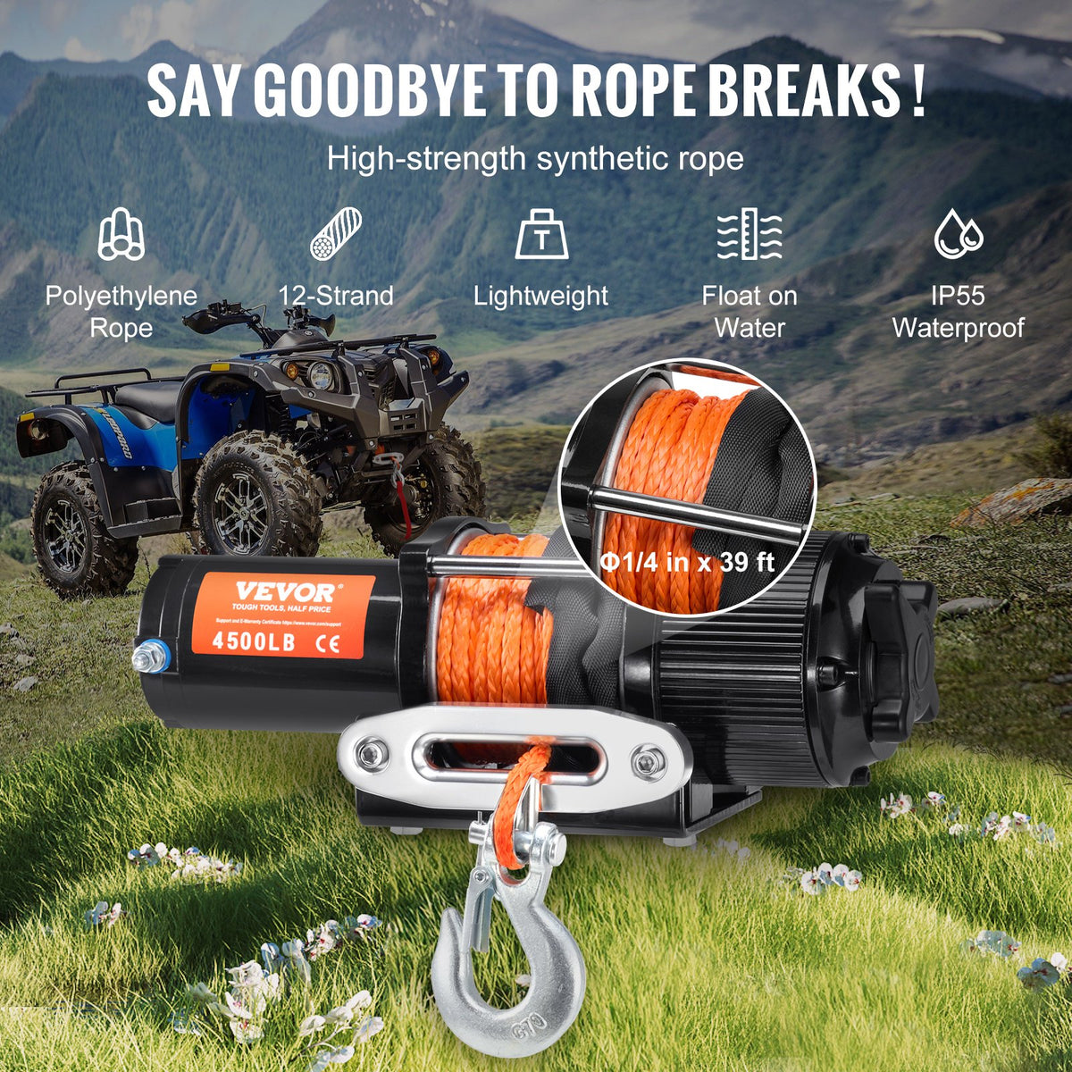 VEVOR elektriskā vinča ATV/UTV, 2040 кг, ar sintētisko trosi, ūdensizturīga, ar tālvadības pulti