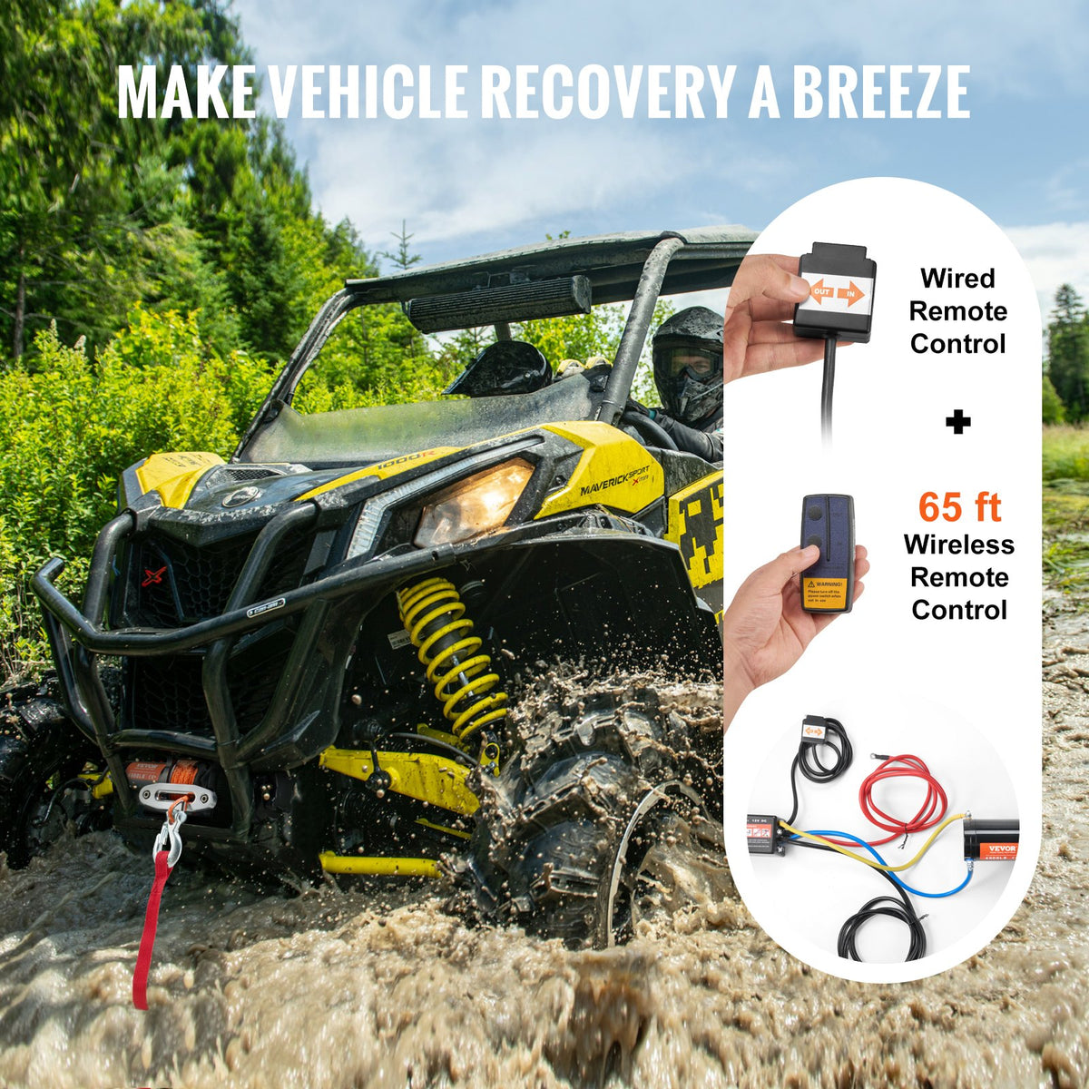 VEVOR elektriskā vinča ATV/UTV, 2040 кг, ar sintētisko trosi, ūdensizturīga, ar tālvadības pulti