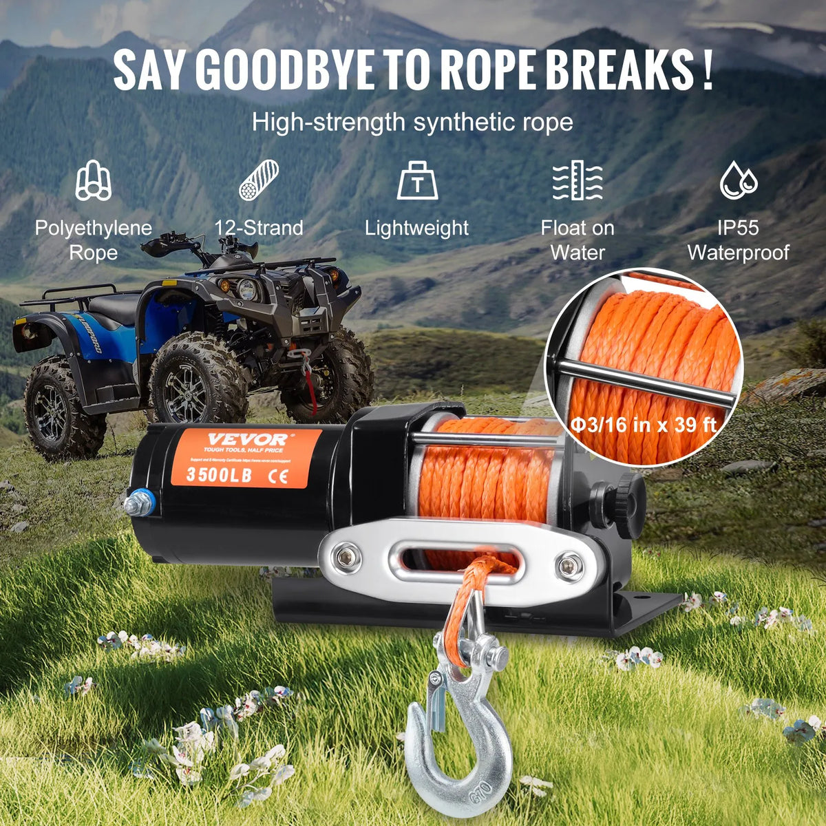 VEVOR elektriskā vinča ATV/UTV 1587,6 kg ar sintētisko trosi, ūdensizturīga ar vadu vadību - ZEMLETES.LV