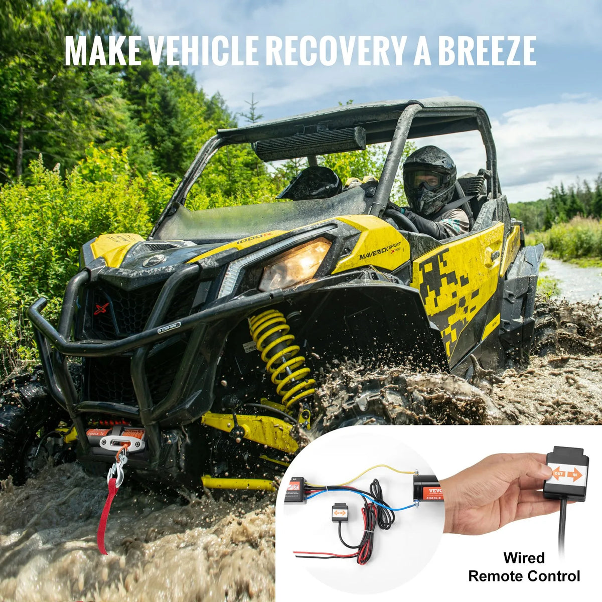 VEVOR elektriskā vinča ATV/UTV 1587,6 kg ar sintētisko trosi, ūdensizturīga ar vadu vadību - ZEMLETES.LV