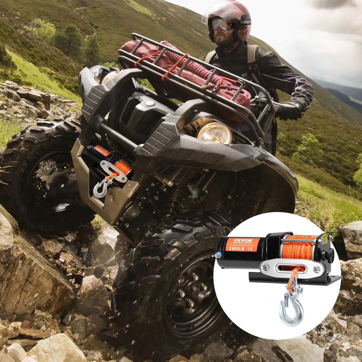 VEVOR elektriskā vinča ATV/UTV 1587,6 kg ar sintētisko trosi, ūdensizturīga ar vadu vadību - ZEMLETES.LV