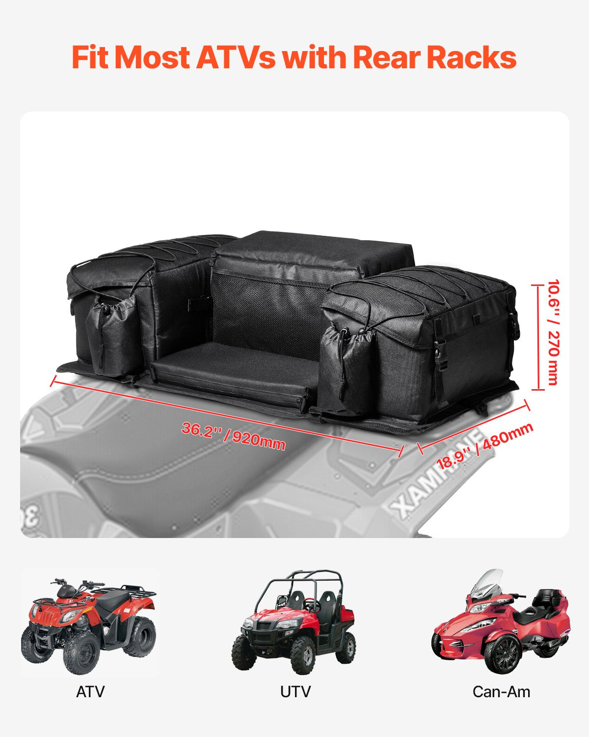 VEVOR 50 L ATV Rear Storage Bag 600D Oxford Fabric with Foam Padding