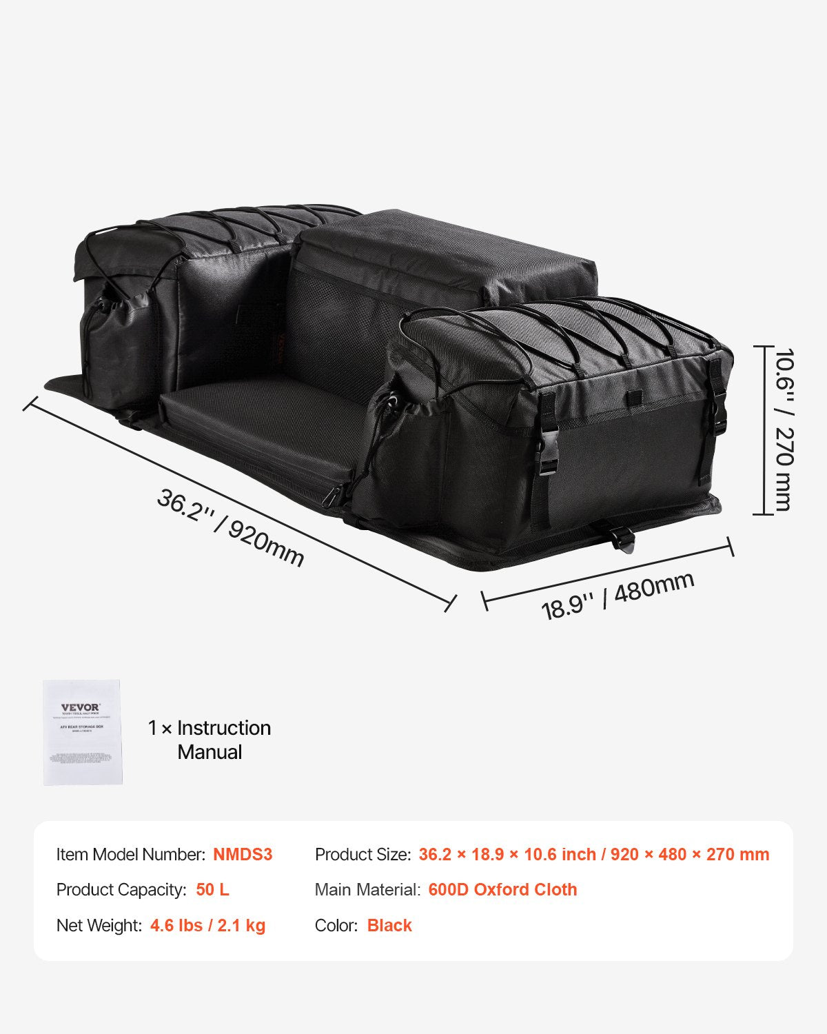 VEVOR 50 L ATV Rear Storage Bag 600D Oxford Fabric with Foam Padding