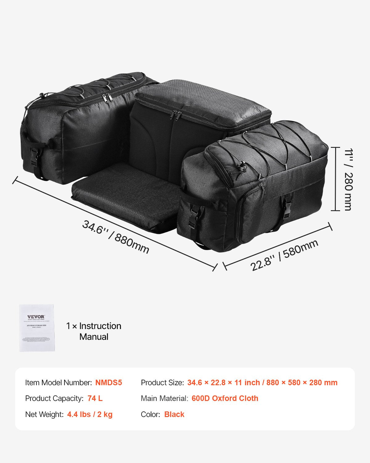 VEVOR 74 L ATV Rear Bag with 600D Oxford Fabric and Foam Padding