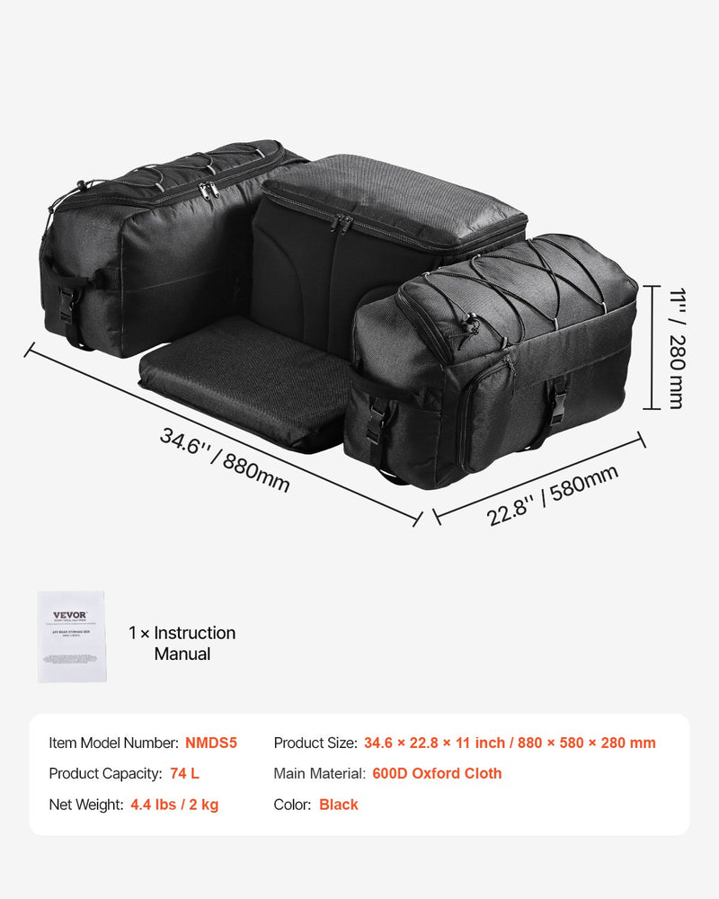 VEVOR 74 L ATV aizmugures soma no 600D oksforda auduma ar sūkļa polsterējumu