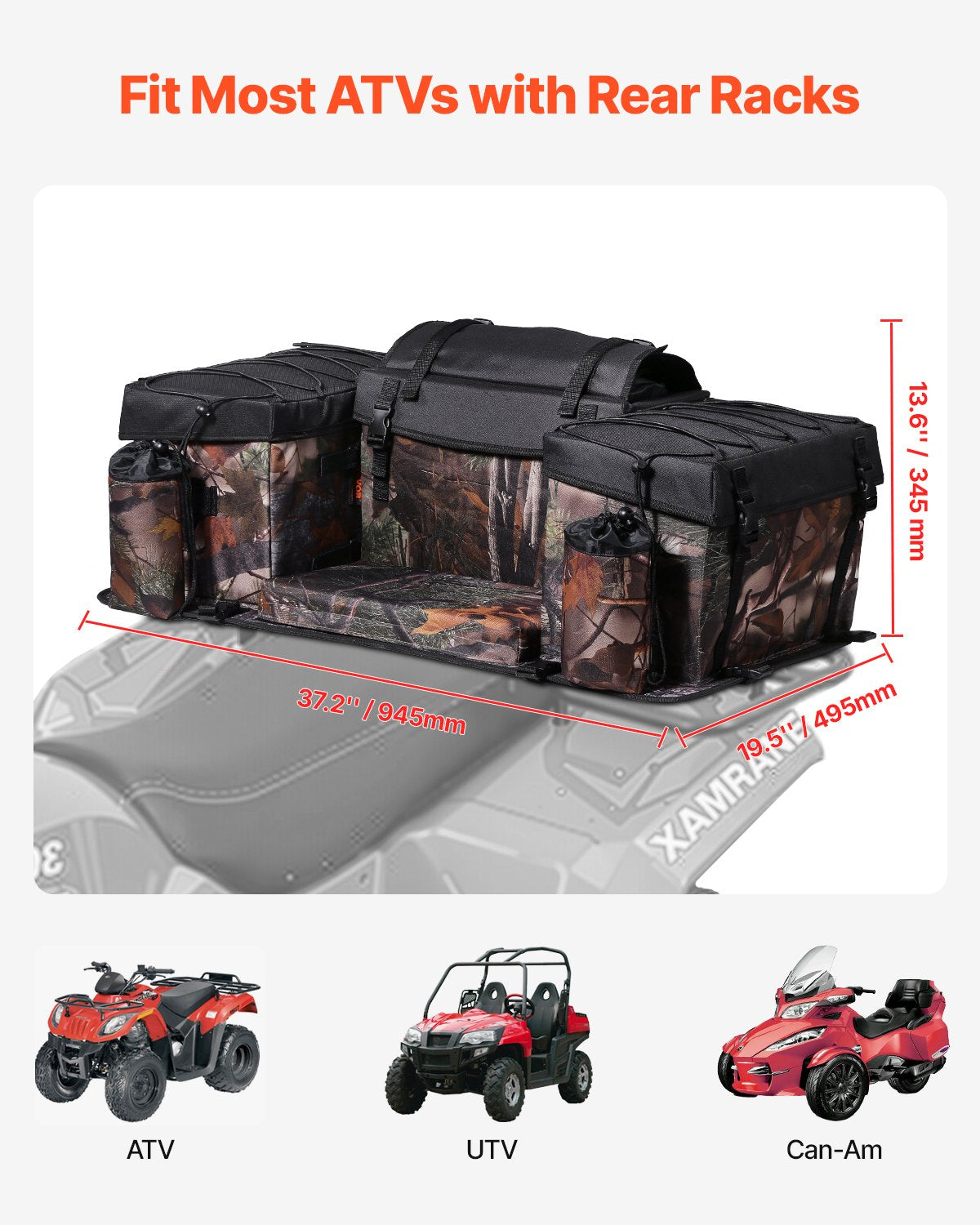 VEVOR 68 L ATV Rear Bag 600D Oxford Fabric with Foam Padding