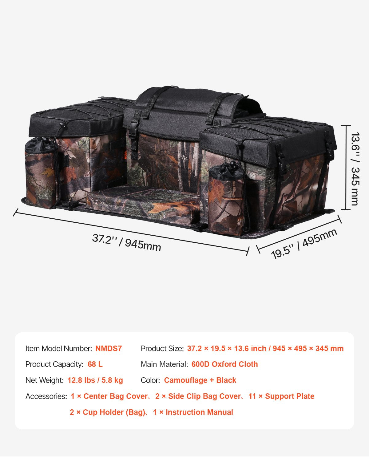 VEVOR 68 L ATV Rear Bag 600D Oxford Fabric with Foam Padding