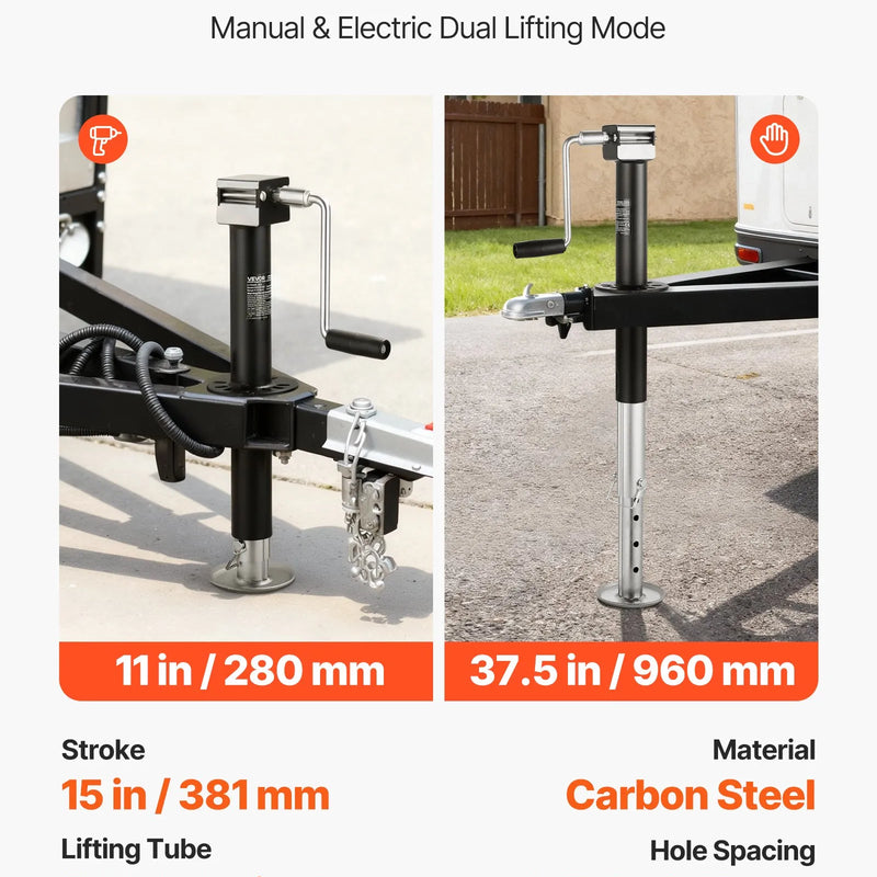 VEVOR A veida piekabes domkrats 2267 kg ar 381 mm vertikālo gaitu, piekabes pacelšanas domkrats ar regulējamu 7 līmeņu nolaižamo balstu un urbjmašīnas adapteri, saderīgs ar bezvadu urbjmašīnām, piemērots kemperu, saimniecības un jahtu piekabēm