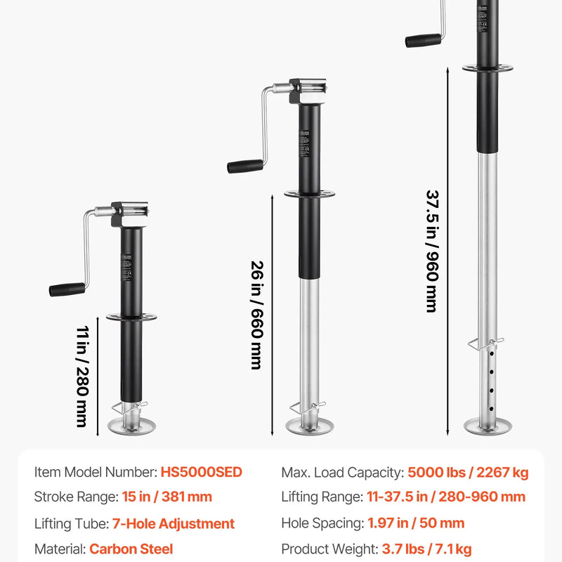VEVOR A veida piekabes domkrats 2267 kg ar 381 mm vertikālo gaitu, piekabes pacelšanas domkrats ar regulējamu 7 līmeņu nolaižamo balstu un urbjmašīnas adapteri, saderīgs ar bezvadu urbjmašīnām, piemērots kemperu, saimniecības un jahtu piekabēm