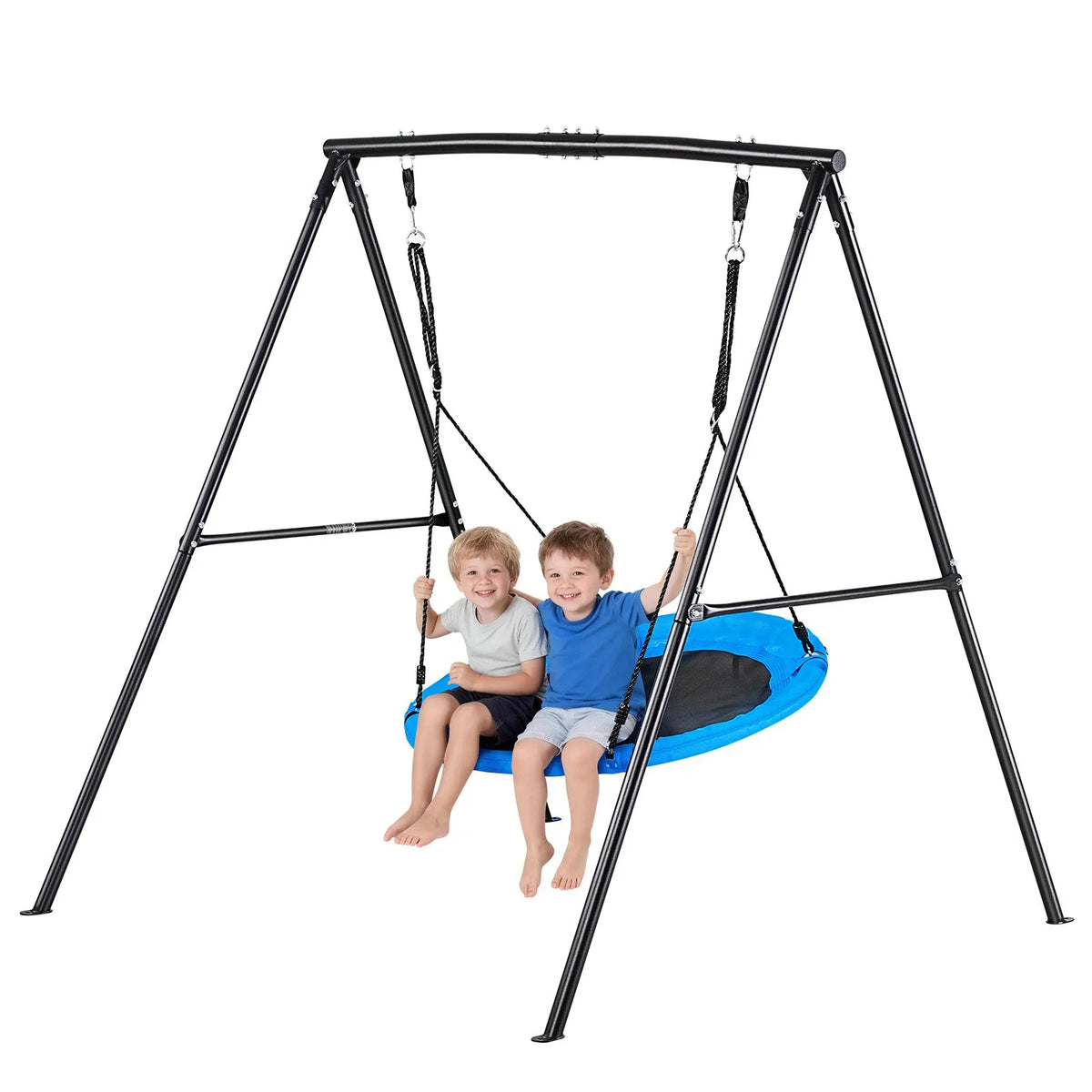 VEVOR āra šūpoļu komplekts pagalmam, 100 cm apaļais šūpoles sēdeklis ar smagas slodzes A veida metāla rāmi, celtspēja 199,6 kg, pastiprināts ar spirālveida zemes enkuriem, bērnu šūpoles melnā un zilā krāsā - ZEMLETES.LV