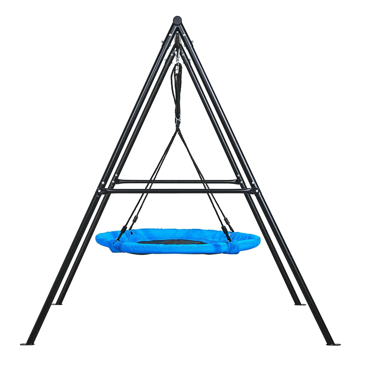 VEVOR āra šūpoļu komplekts pagalmam, 100 cm apaļais šūpoles sēdeklis ar smagas slodzes A veida metāla rāmi, celtspēja 199,6 kg, pastiprināts ar spirālveida zemes enkuriem, bērnu šūpoles melnā un zilā krāsā - ZEMLETES.LV