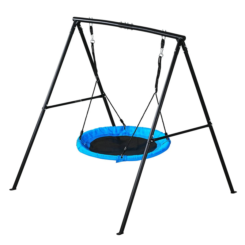 VEVOR āra šūpoļu komplekts pagalmam, 100 cm apaļais šūpoles sēdeklis ar smagas slodzes A veida metāla rāmi, celtspēja 199,6 kg, pastiprināts ar spirālveida zemes enkuriem, bērnu šūpoles melnā un zilā krāsā - ZEMLETES.LV