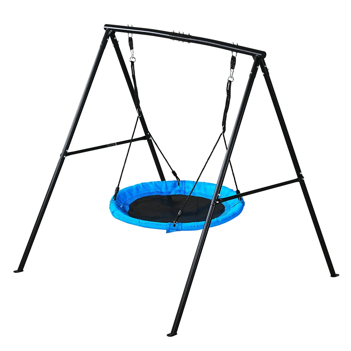 VEVOR āra šūpoļu komplekts pagalmam, 100 cm apaļais šūpoles sēdeklis ar smagas slodzes A veida metāla rāmi, celtspēja 199,6 kg, pastiprināts ar spirālveida zemes enkuriem, bērnu šūpoles melnā un zilā krāsā - ZEMLETES.LV
