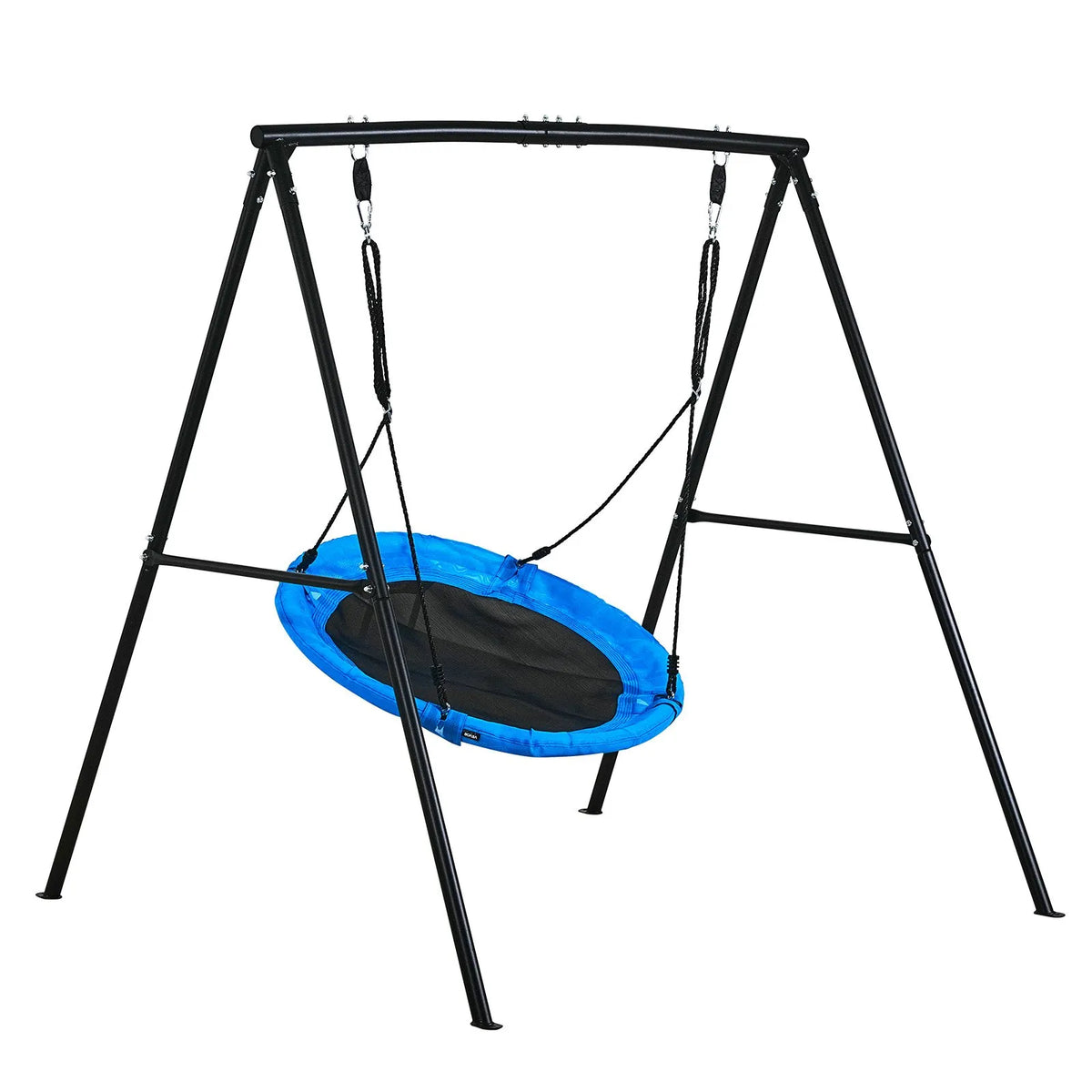VEVOR āra šūpoļu komplekts pagalmam, 100 cm apaļais šūpoles sēdeklis ar smagas slodzes A veida metāla rāmi, celtspēja 199,6 kg, pastiprināts ar spirālveida zemes enkuriem, bērnu šūpoles melnā un zilā krāsā - ZEMLETES.LV