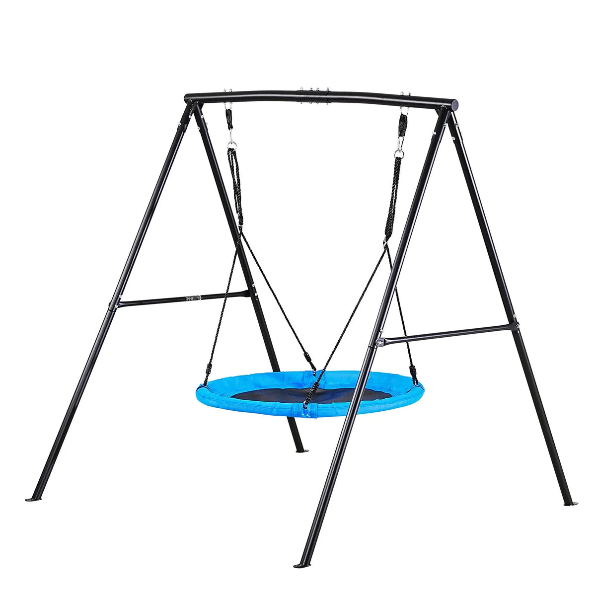 VEVOR āra šūpoļu komplekts pagalmam, 100 cm apaļais šūpoles sēdeklis ar smagas slodzes A veida metāla rāmi, celtspēja 199,6 kg, pastiprināts ar spirālveida zemes enkuriem, bērnu šūpoles melnā un zilā krāsā - ZEMLETES.LV