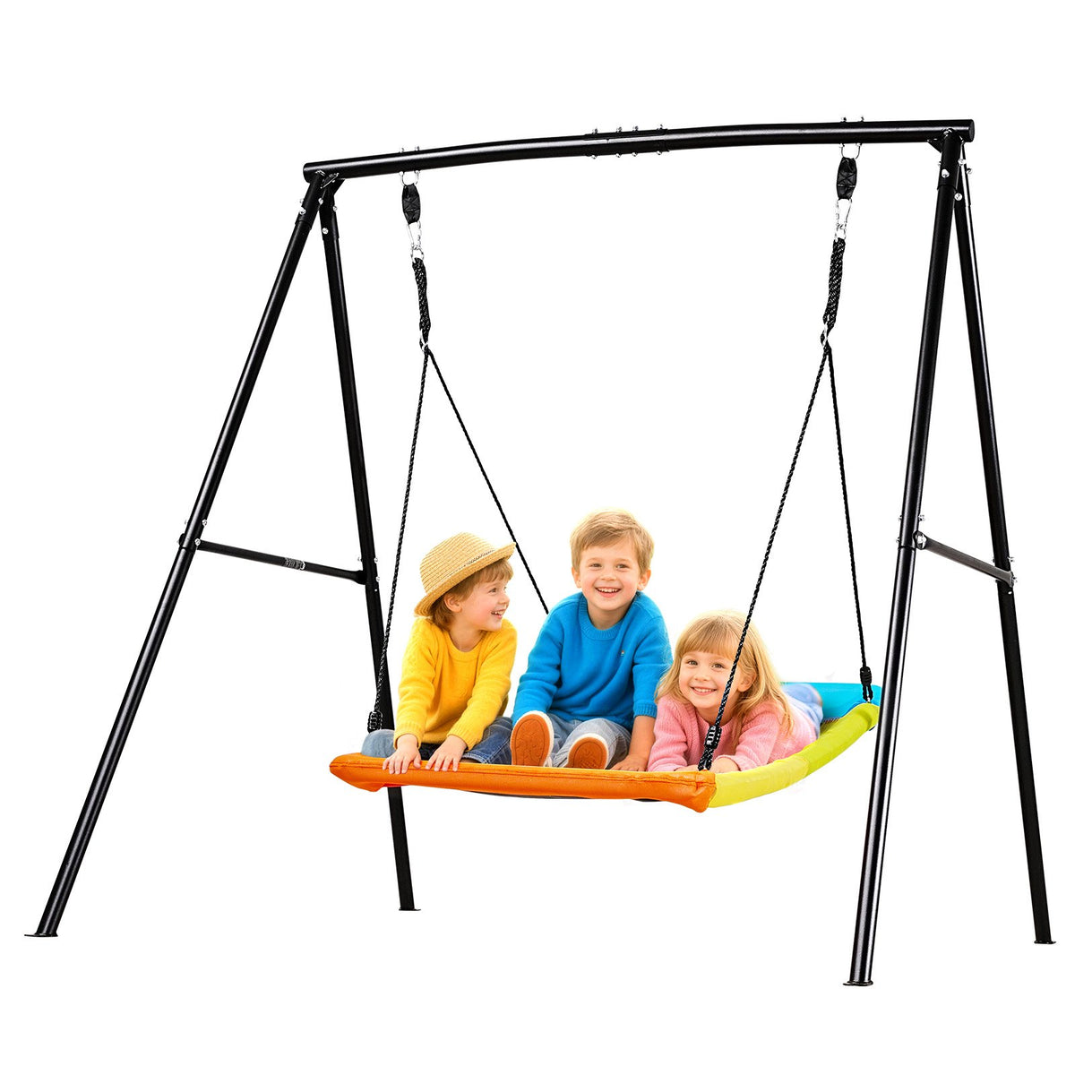 VEVOR āra šūpoļu komplekts pagalmam, 150 x 81 cm šūpoles sēdeklis ar smagas slodzes A veida metāla rāmi, celtspēja 199,6 kg, pastiprināts ar spirālveida zemes enkuriem, bērnu šūpoles melnā un krāsainā dizainā - ZEMLETES.LV