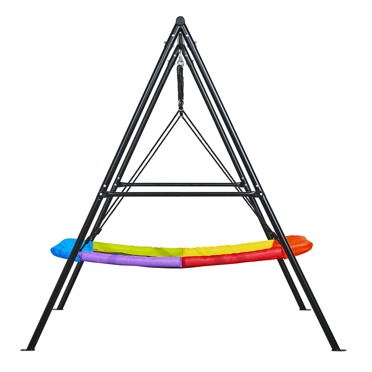 VEVOR āra šūpoļu komplekts pagalmam, 150 x 81 cm šūpoles sēdeklis ar smagas slodzes A veida metāla rāmi, celtspēja 199,6 kg, pastiprināts ar spirālveida zemes enkuriem, bērnu šūpoles melnā un krāsainā dizainā - ZEMLETES.LV