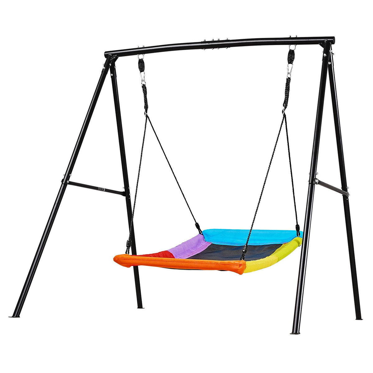VEVOR āra šūpoļu komplekts pagalmam, 150 x 81 cm šūpoles sēdeklis ar smagas slodzes A veida metāla rāmi, celtspēja 199,6 kg, pastiprināts ar spirālveida zemes enkuriem, bērnu šūpoles melnā un krāsainā dizainā - ZEMLETES.LV
