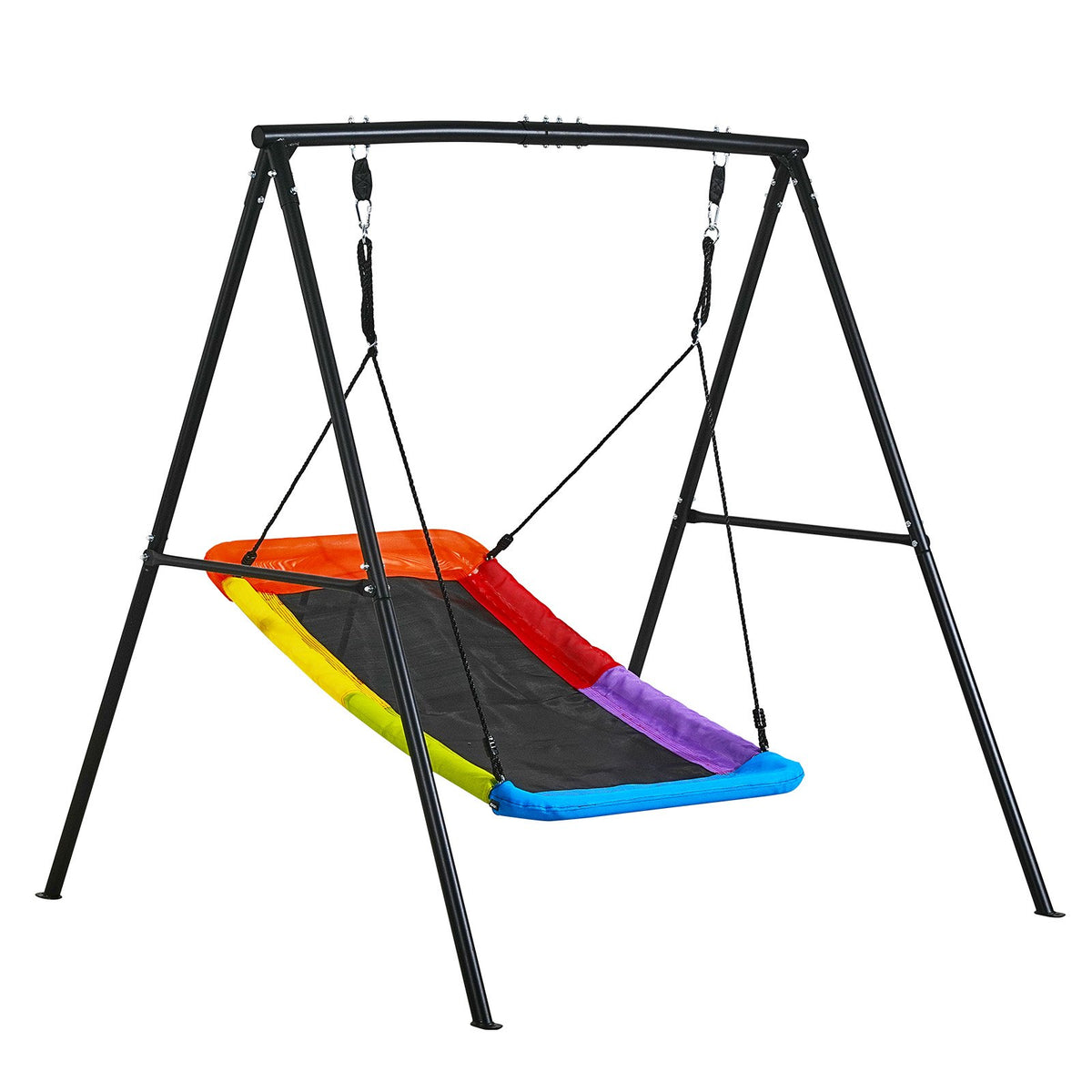 VEVOR āra šūpoļu komplekts pagalmam, 150 x 81 cm šūpoles sēdeklis ar smagas slodzes A veida metāla rāmi, celtspēja 199,6 kg, pastiprināts ar spirālveida zemes enkuriem, bērnu šūpoles melnā un krāsainā dizainā - ZEMLETES.LV