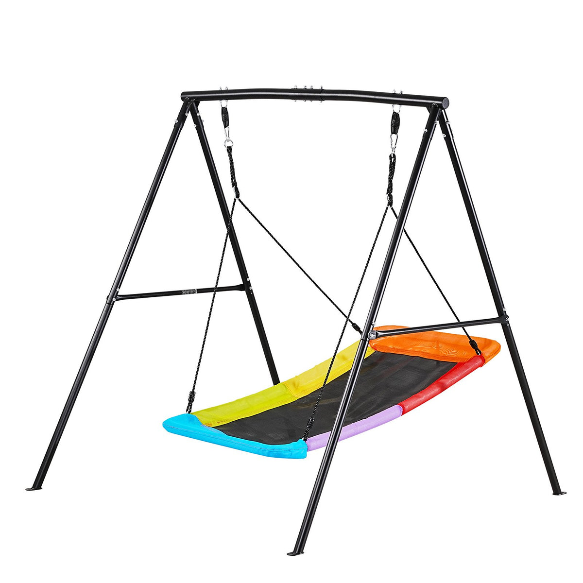 VEVOR āra šūpoļu komplekts pagalmam, 150 x 81 cm šūpoles sēdeklis ar smagas slodzes A veida metāla rāmi, celtspēja 199,6 kg, pastiprināts ar spirālveida zemes enkuriem, bērnu šūpoles melnā un krāsainā dizainā - ZEMLETES.LV