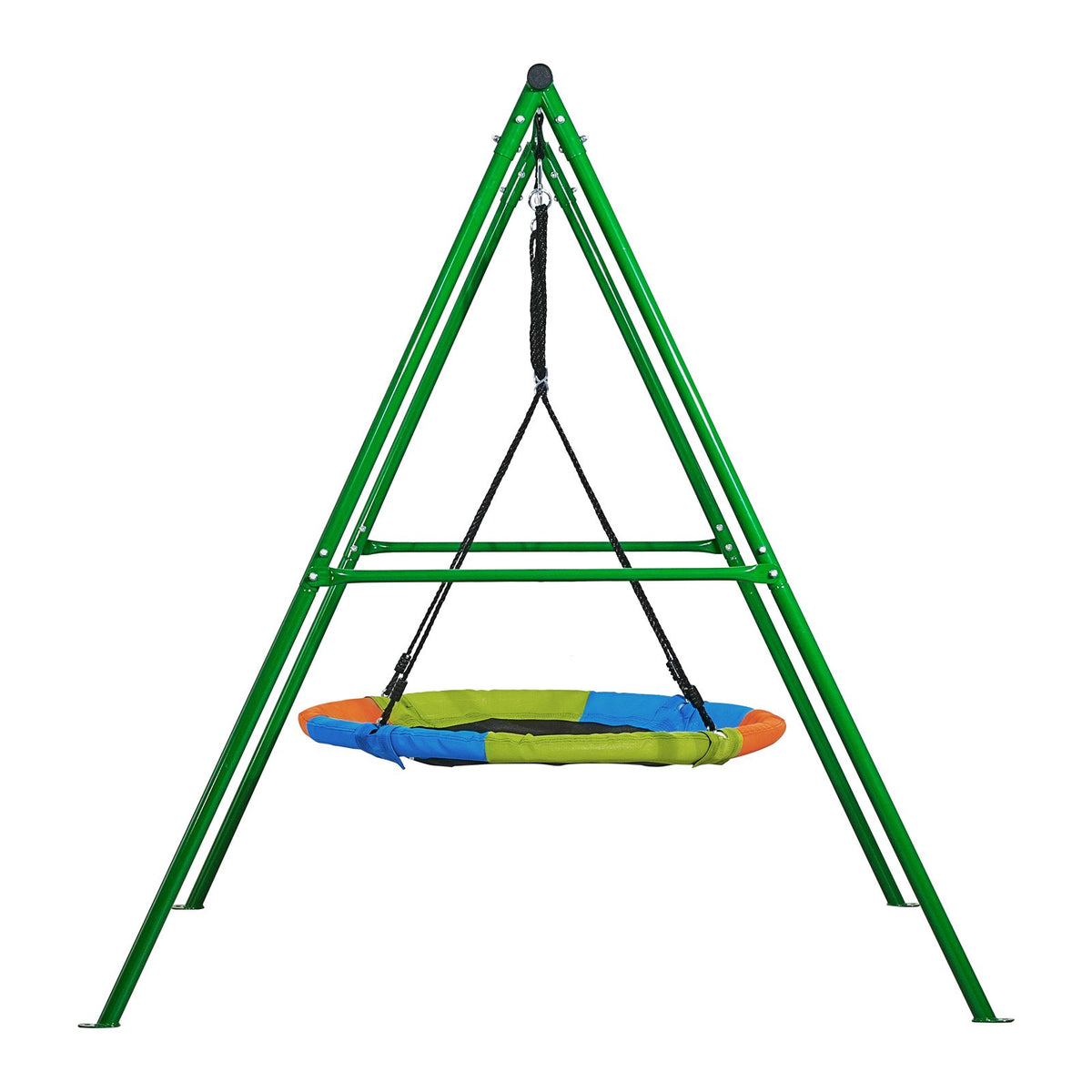VEVOR āra šūpoļu komplekts pagalmam, 100 cm apaļais šūpoles sēdeklis ar smagas slodzes A veida metāla rāmi, celtspēja 199,6 kg, pastiprināts ar spirālveida zemes enkuriem, bērnu šūpoles zaļā un krāsainā dizainā - ZEMLETES.LV