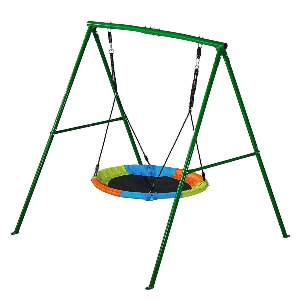 VEVOR āra šūpoļu komplekts pagalmam, 100 cm apaļais šūpoles sēdeklis ar smagas slodzes A veida metāla rāmi, celtspēja 199,6 kg, pastiprināts ar spirālveida zemes enkuriem, bērnu šūpoles zaļā un krāsainā dizainā - ZEMLETES.LV