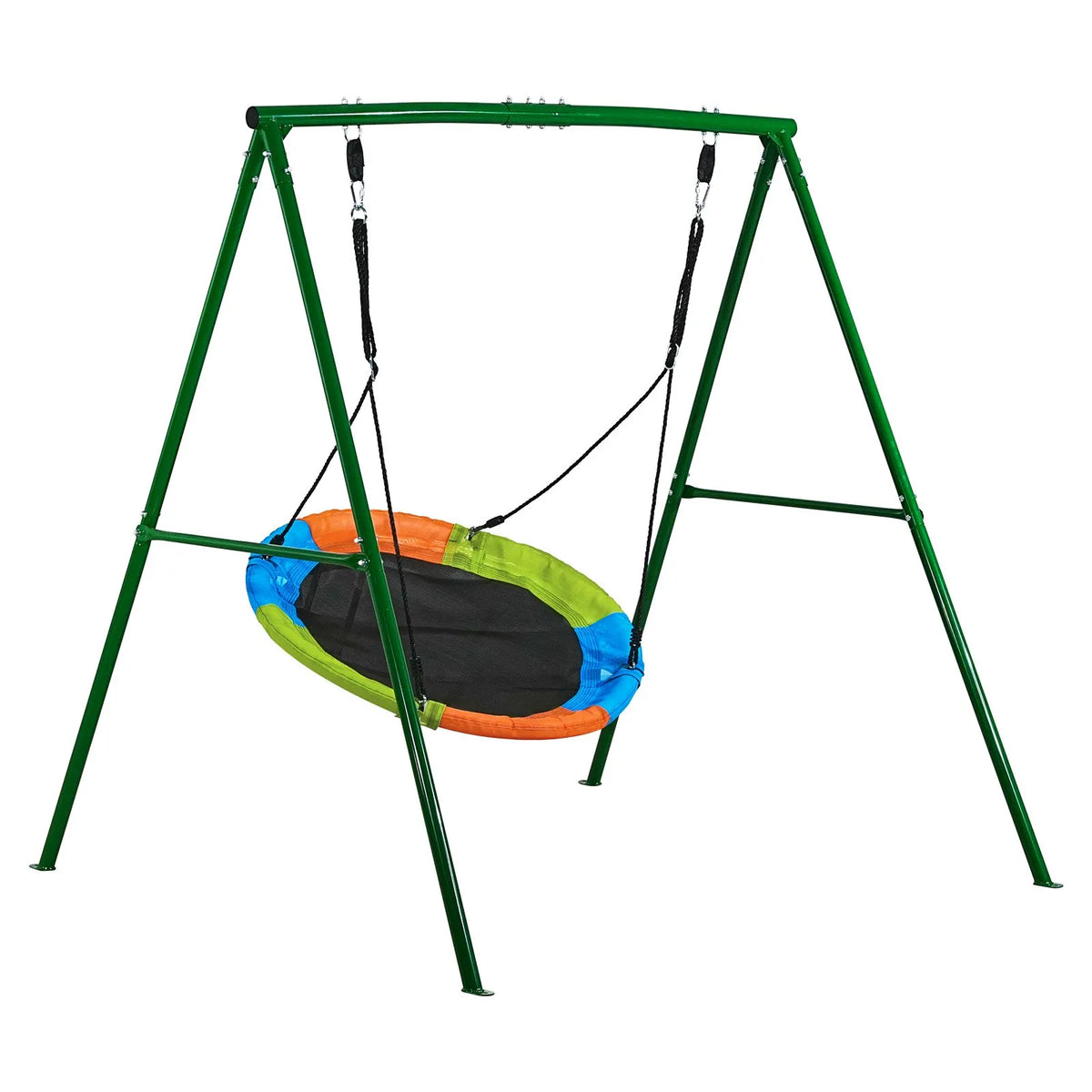 VEVOR āra šūpoļu komplekts pagalmam, 100 cm apaļais šūpoles sēdeklis ar smagas slodzes A veida metāla rāmi, celtspēja 199,6 kg, pastiprināts ar spirālveida zemes enkuriem, bērnu šūpoles zaļā un krāsainā dizainā - ZEMLETES.LV