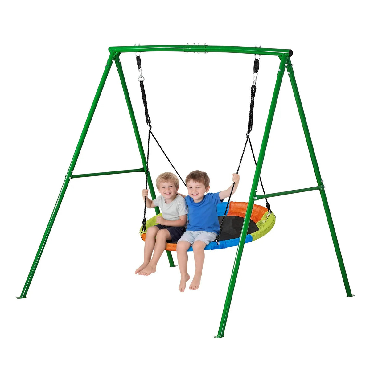 VEVOR āra šūpoļu komplekts pagalmam, 100 cm apaļais šūpoles sēdeklis ar smagas slodzes A veida metāla rāmi, celtspēja 199,6 kg, pastiprināts ar spirālveida zemes enkuriem, bērnu šūpoles zaļā un krāsainā dizainā - ZEMLETES.LV