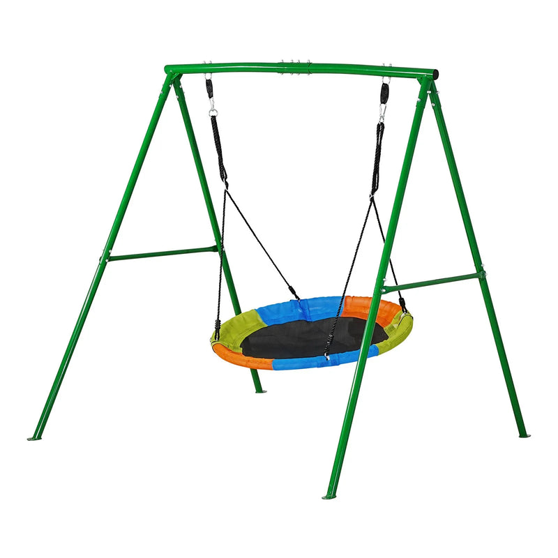 VEVOR āra šūpoļu komplekts pagalmam, 100 cm apaļais šūpoles sēdeklis ar smagas slodzes A veida metāla rāmi, celtspēja 199,6 kg, pastiprināts ar spirālveida zemes enkuriem, bērnu šūpoles zaļā un krāsainā dizainā - ZEMLETES.LV