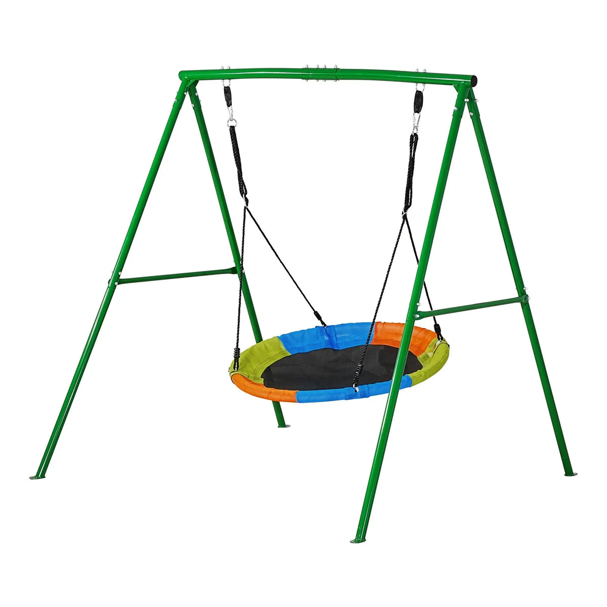 VEVOR āra šūpoļu komplekts pagalmam, 100 cm apaļais šūpoles sēdeklis ar smagas slodzes A veida metāla rāmi, celtspēja 199,6 kg, pastiprināts ar spirālveida zemes enkuriem, bērnu šūpoles zaļā un krāsainā dizainā - ZEMLETES.LV