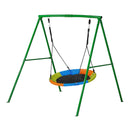 VEVOR āra šūpoļu komplekts pagalmam, 100 cm apaļais šūpoles sēdeklis ar smagas slodzes A veida metāla rāmi, celtspēja 199,6 kg, pastiprināts ar spirālveida zemes enkuriem, bērnu šūpoles zaļā un krāsainā dizainā - ZEMLETES.LV