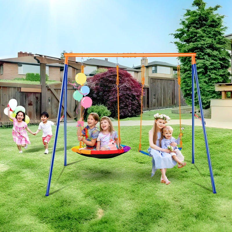 VEVOR šūpoļu komplekts pagalmam ar 1 apaļo un 1 lentveida šūpoli, A-rāmja metāla statīvs