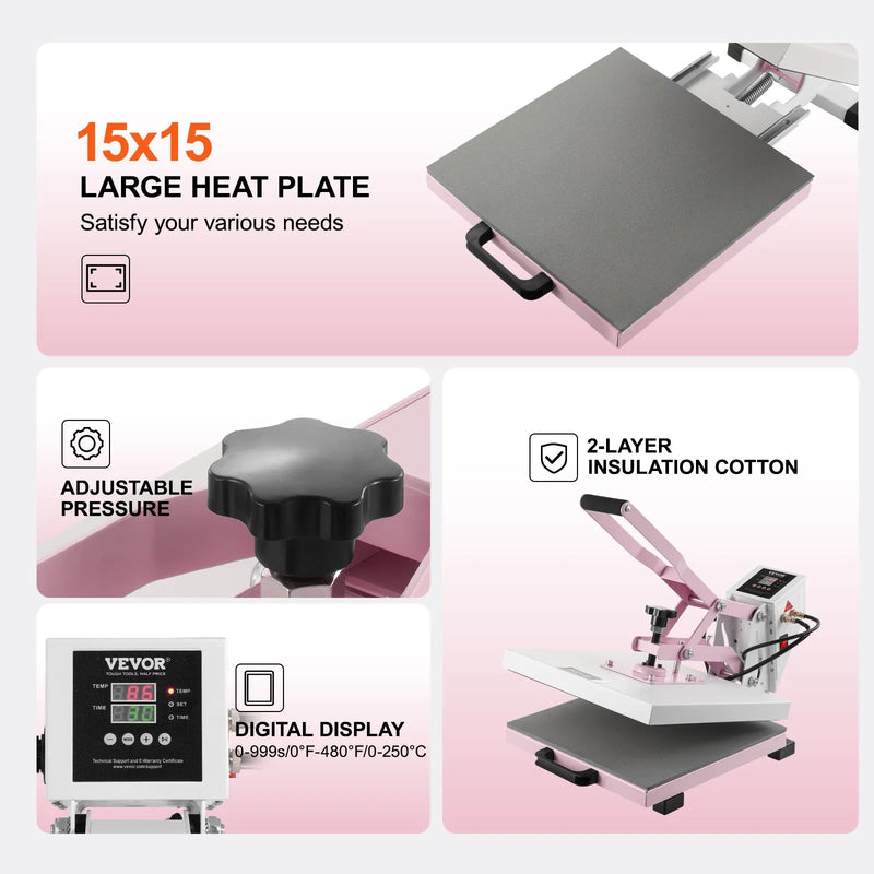 VEVOR termoprese 380 x 380 mm ar izvelkamu platformu T - kreklu termopārnesei, rozā krāsā - ZEMLETES.LV