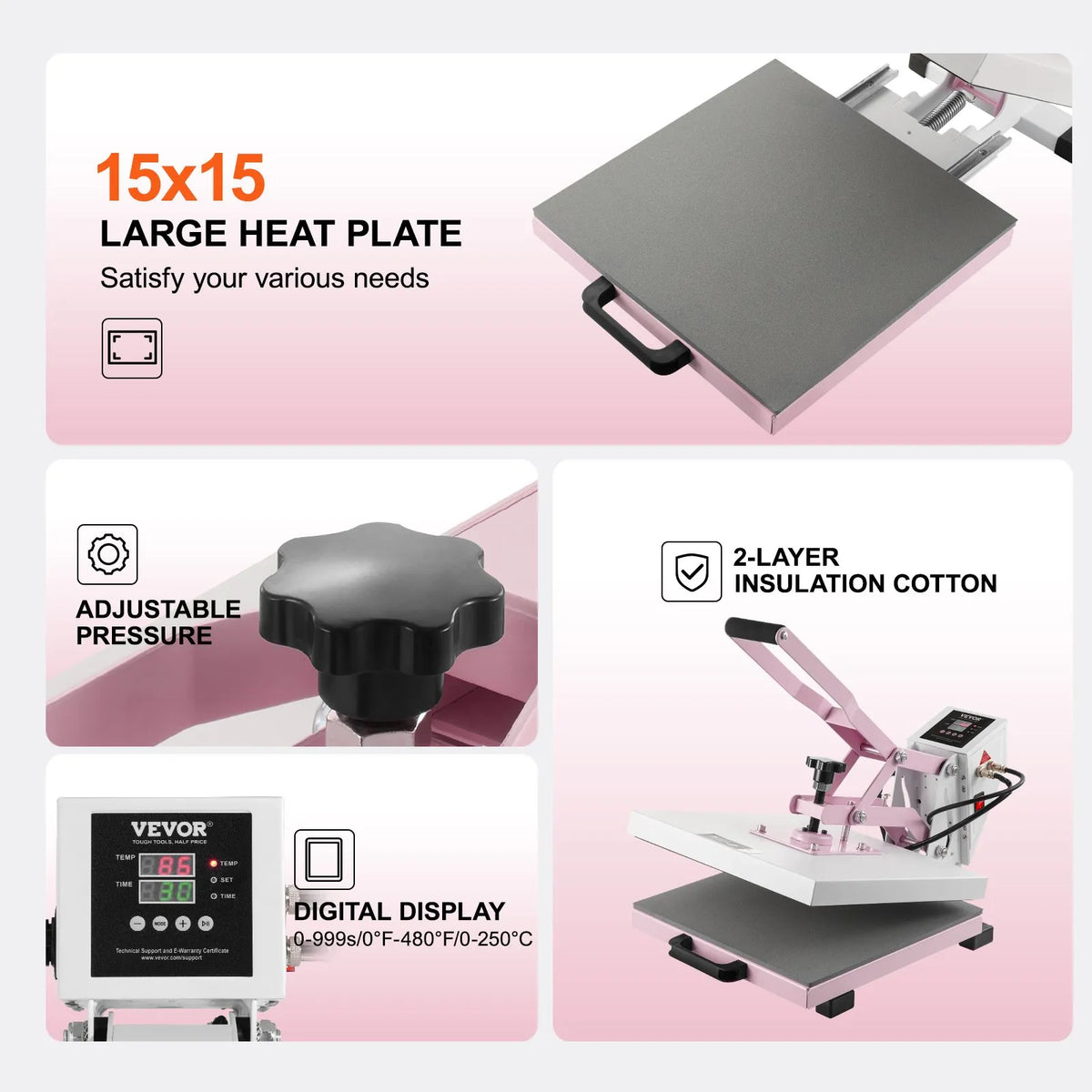 VEVOR termoprese 380 x 380 mm ar izvelkamu platformu T - kreklu termopārnesei, rozā krāsā - ZEMLETES.LV