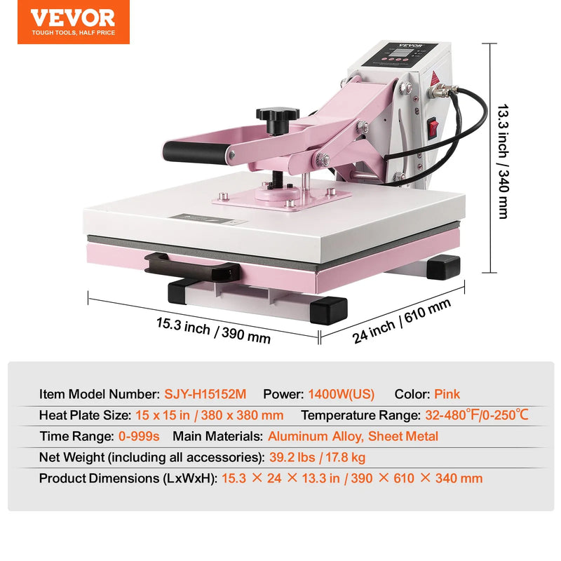 VEVOR termoprese 380 x 380 mm ar izvelkamu platformu T - kreklu termopārnesei, rozā krāsā - ZEMLETES.LV