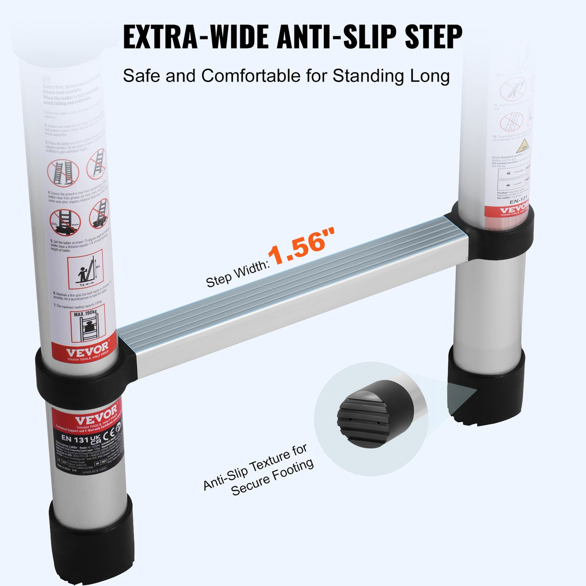 Telescopic Extension Ladder, 3.8 m, A-Frame with Stabiliser Bar, Suitable for Campers, 170 kg Load Capacity