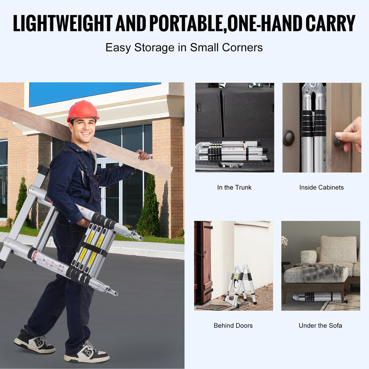 Telescopic Extension Ladder, 3.8 m, A-Frame with Stabiliser Bar, Suitable for Campers, 170 kg Load Capacity