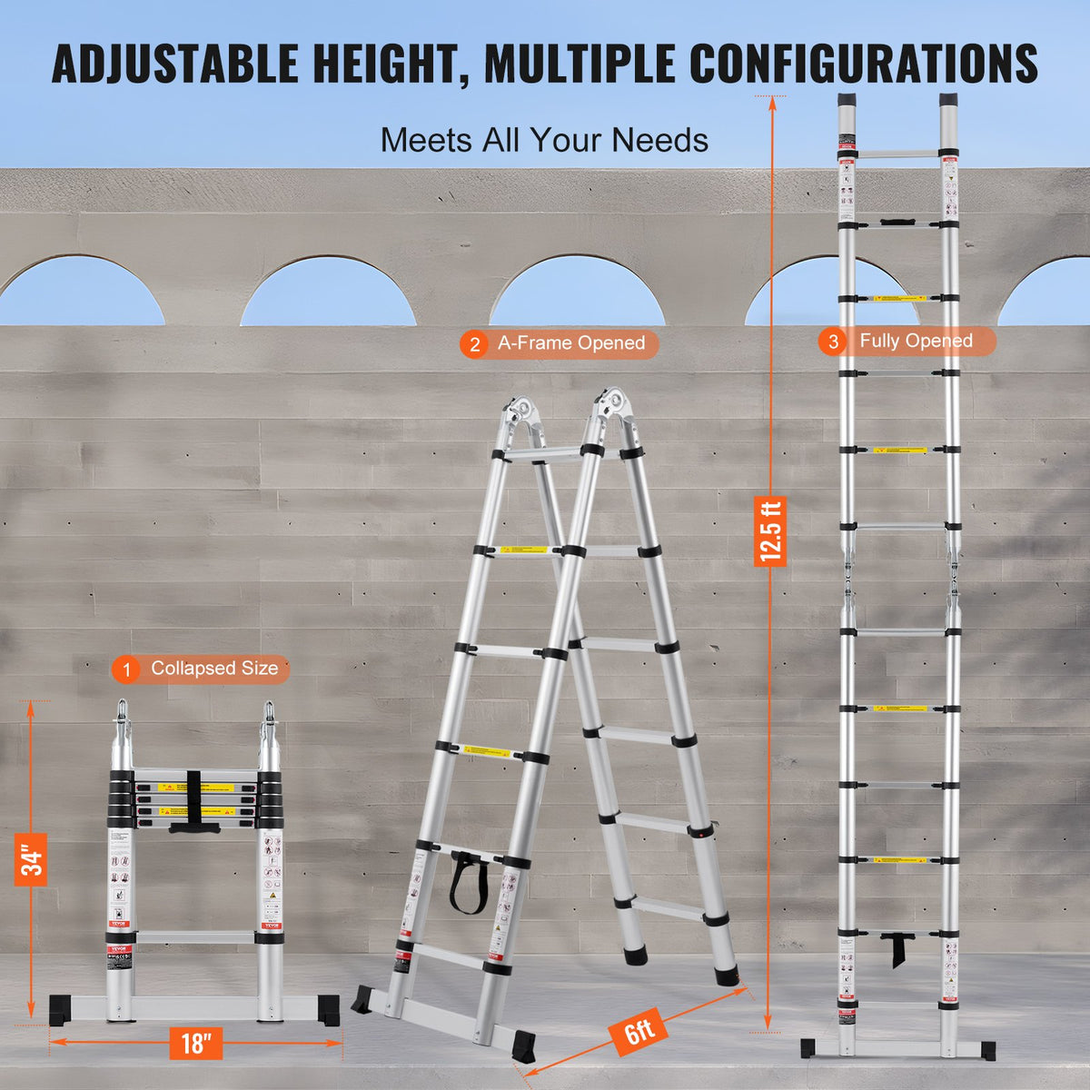 Telescopic Extension Ladder, 3.8 m, A-Frame with Stabiliser Bar, Suitable for Campers, 170 kg Load Capacity