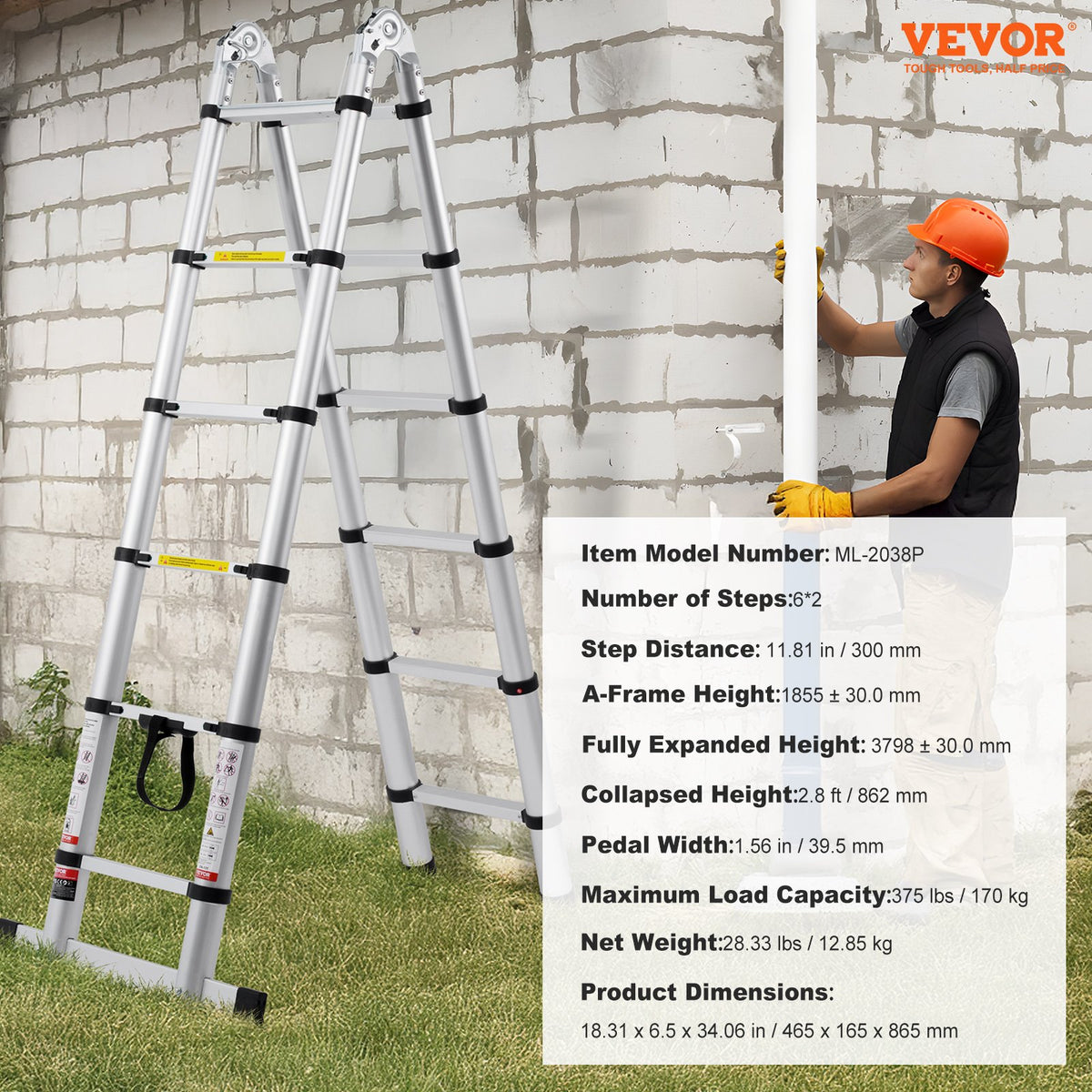 Telescopic Extension Ladder, 3.8 m, A-Frame with Stabiliser Bar, Suitable for Campers, 170 kg Load Capacity