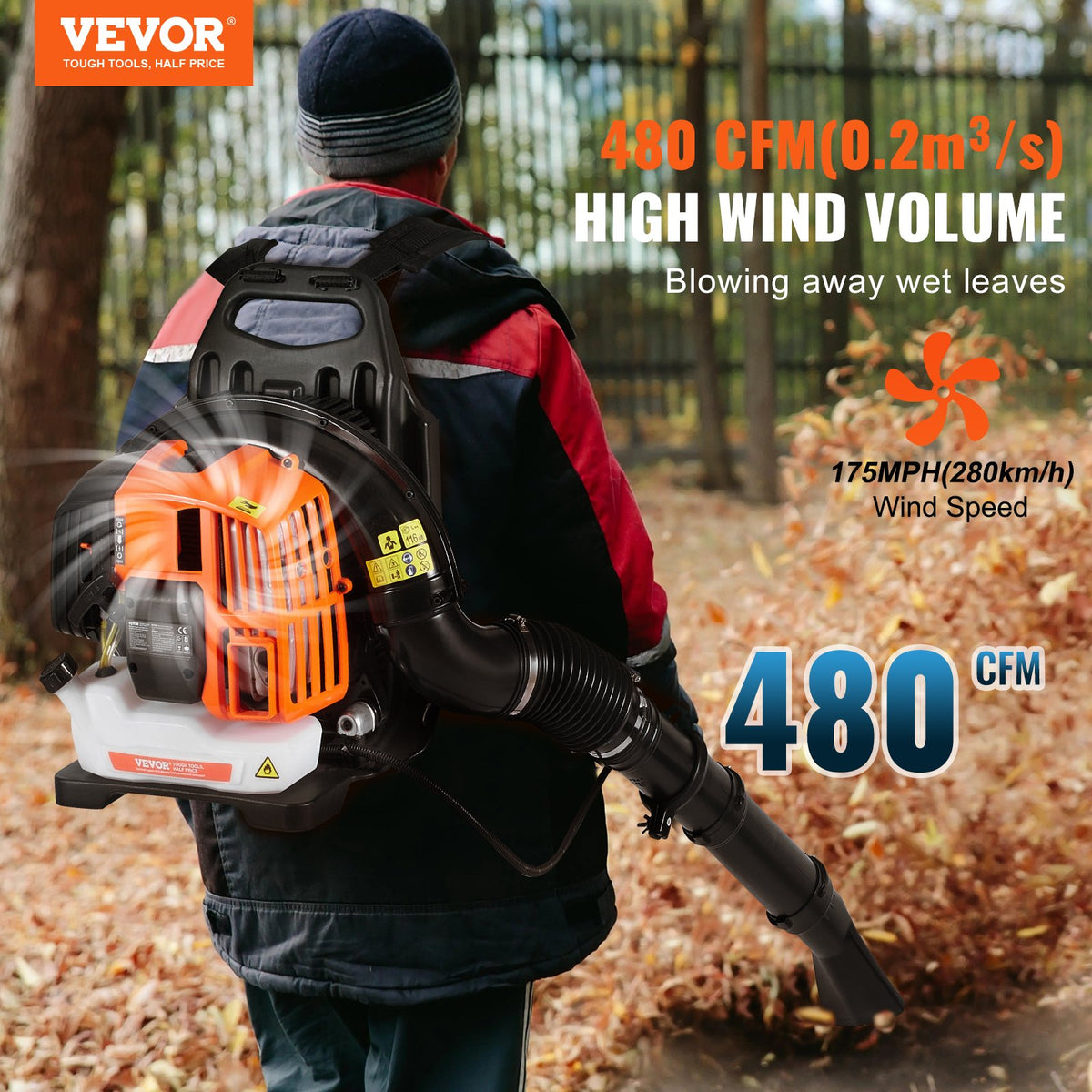 VEVOR Backpack Petrol Leaf Blower 52 cm³, 2-Stroke, 815 m³/h, 282 km/h