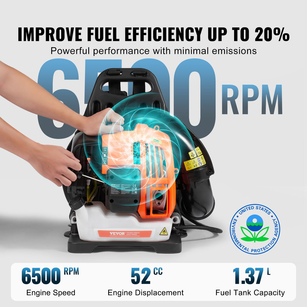 VEVOR Backpack Petrol Leaf Blower 52 cm³, 2-Stroke, 815 m³/h, 282 km/h