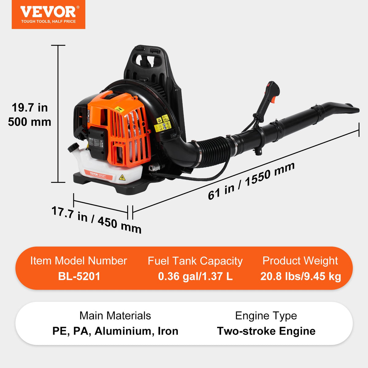 VEVOR Backpack Petrol Leaf Blower 52 cm³, 2-Stroke, 815 m³/h, 282 km/h
