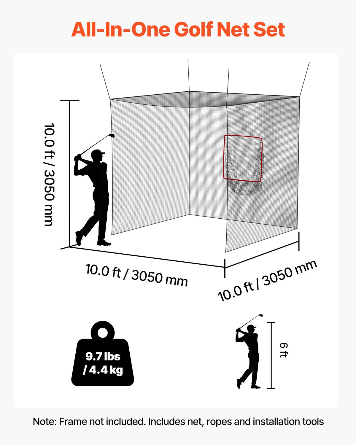 VEVOR golfa treniņu būris 3,05 × 3,05 × 3,05 m ar 3 slāņu tīklu, golfa un beisbola mērķiem