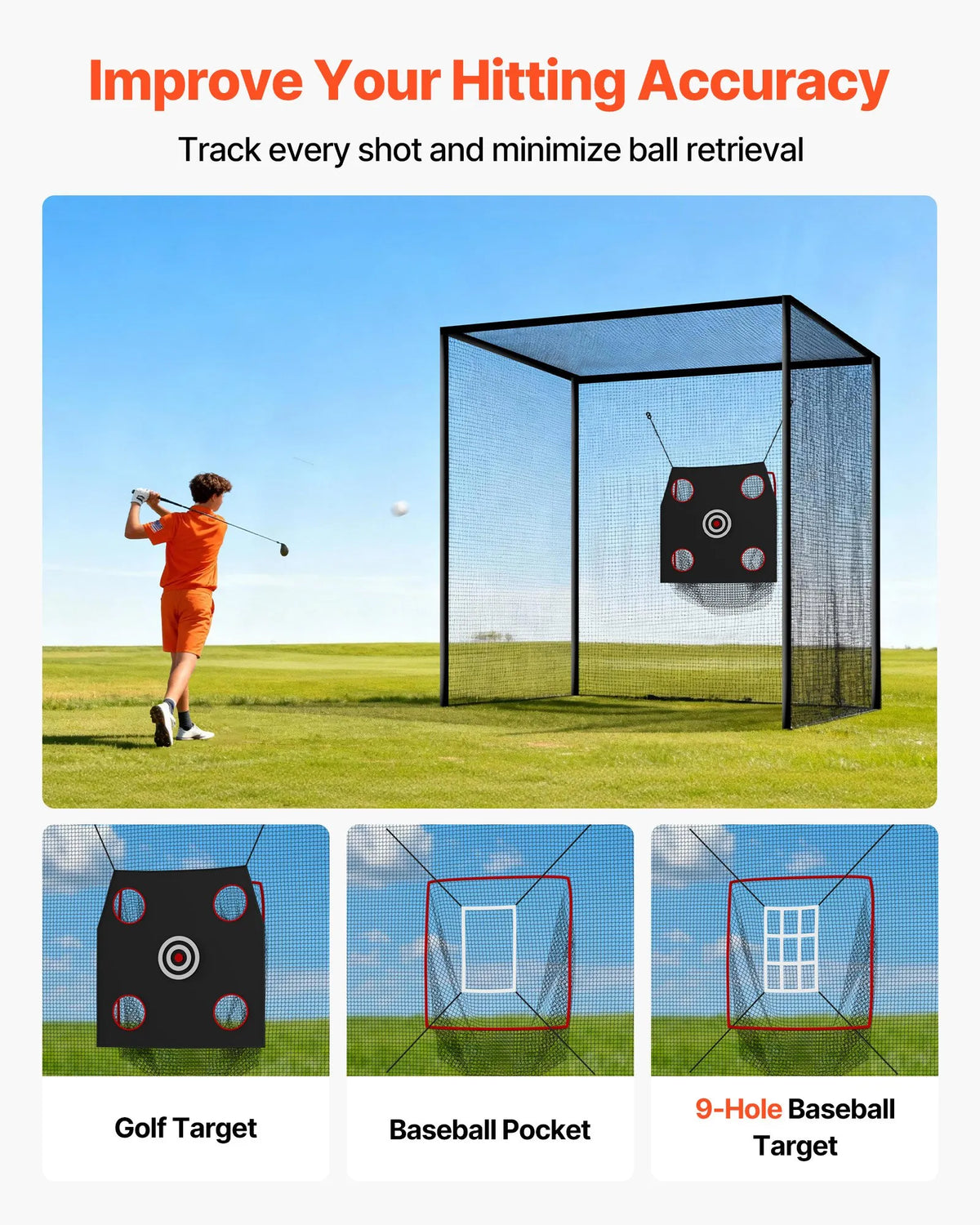 VEVOR golfa treniņu būris 3,05 × 3,05 × 3,05 m ar 3 slāņu tīklu, golfa un beisbola mērķiem