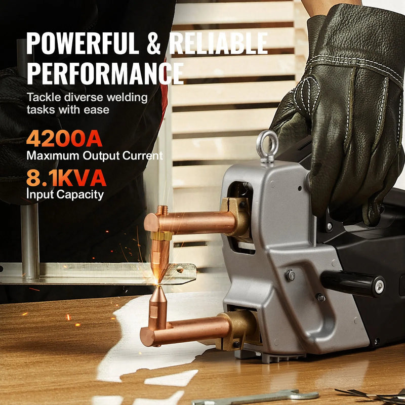 VEVOR pārnēsājams punktmetinātājs, 4 mm biezuma metināšanas mašīna ar 8,1 kVA ieejas jaudu, 4200 A elektriska metāla loksnes metināšanas iekārta ar rokas metināšanas padomiem.
