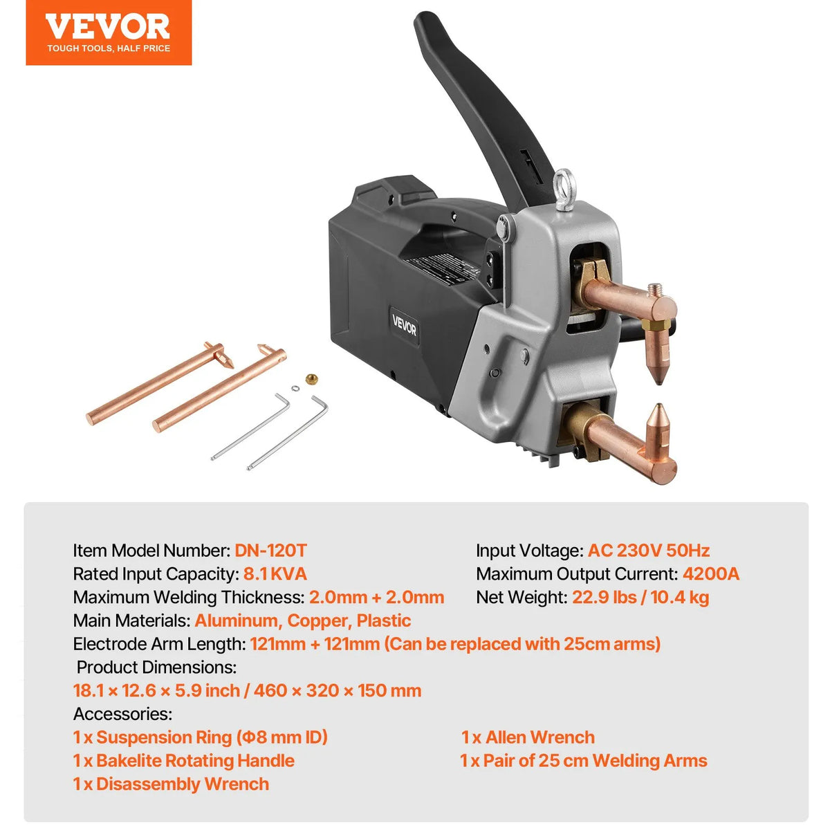 VEVOR pārnēsājams punktmetināšanas aparāts 8,1 kVA, 4200 A, lokšņu metālam līdz 4 mm