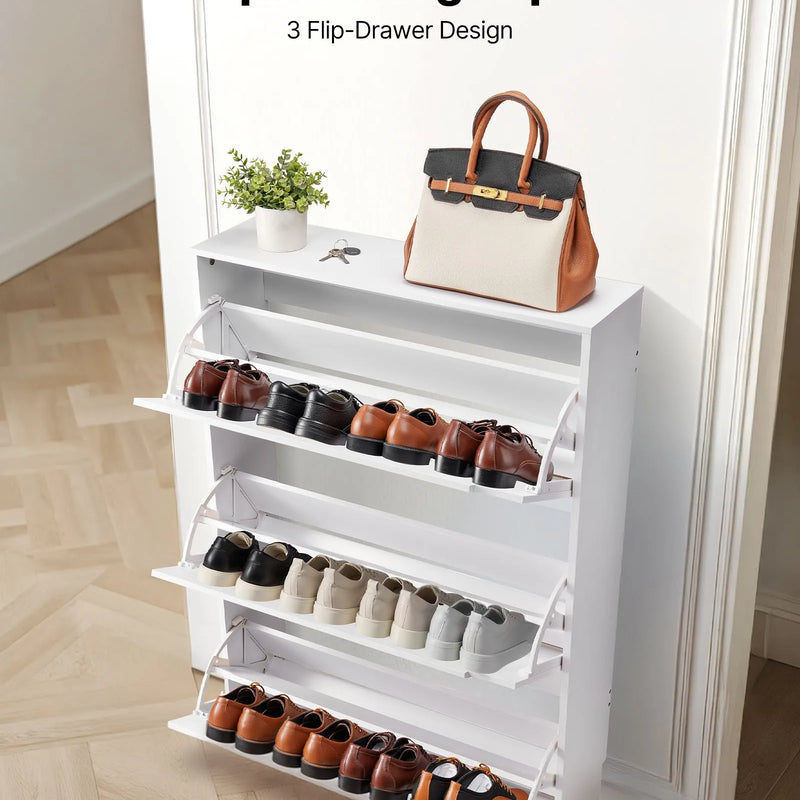 VEVOR apavu skapis ar 3 atveramām atvilktnēm, moderns brīvi stāvošs apavu uzglabāšanas skapis ar pretapgāšanās stiprinājumu, piemērots priekšnamam, gaitenim, guļamistabai, viesistabai un garderobei, balts