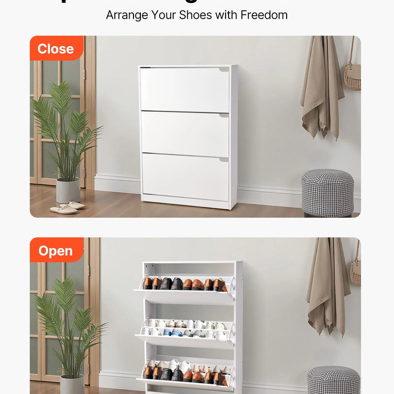 VEVOR apavu skapis ar 3 atveramām atvilktnēm, moderns brīvi stāvošs apavu uzglabāšanas skapis ar pretapgāšanās stiprinājumu, piemērots priekšnamam, gaitenim, guļamistabai, viesistabai un garderobei, balts