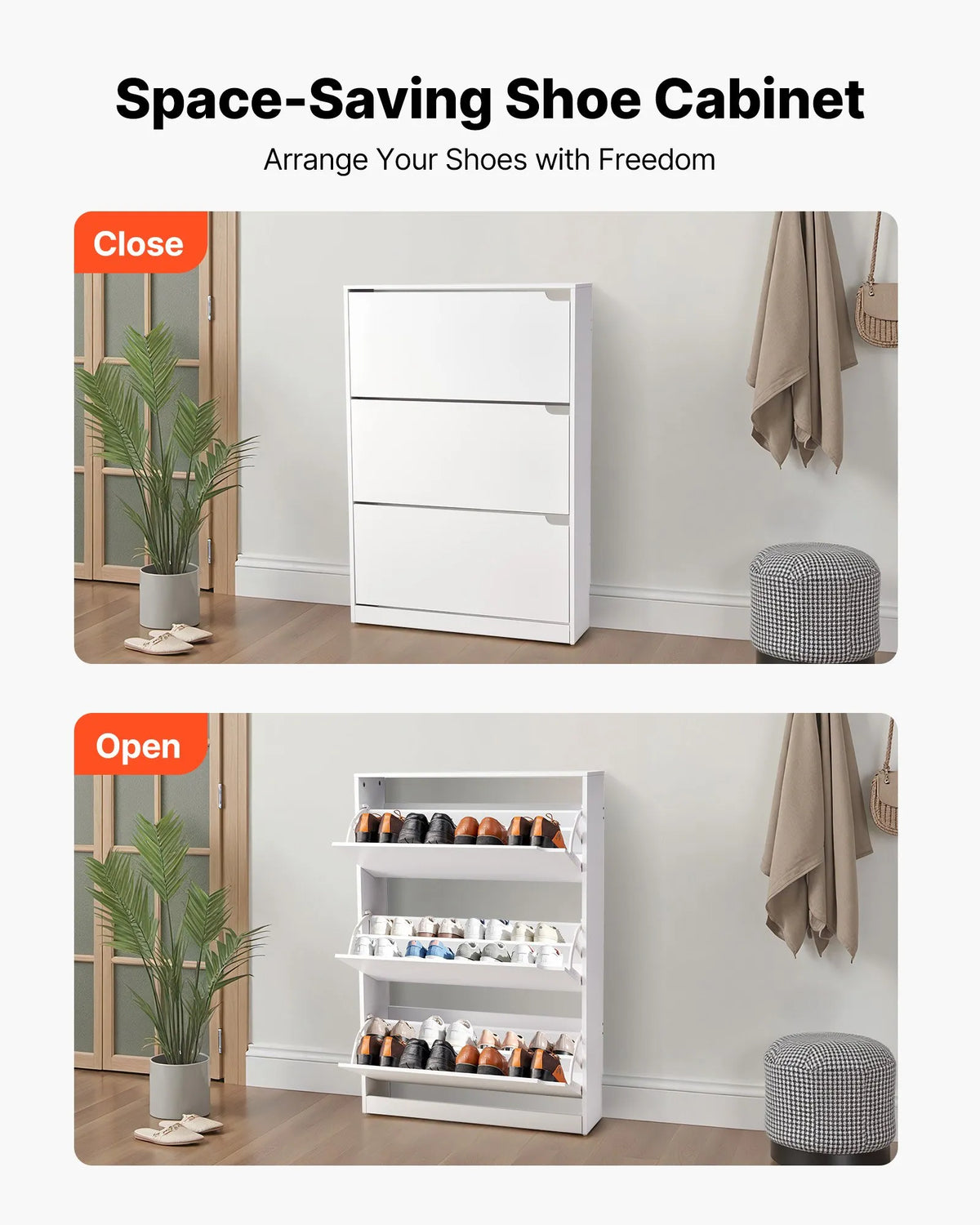 VEVOR Shoe Cabinet with 3 Drawers, Modern Freestanding Shoe Storage Cabinet with Anti-Tip Bracket, Suitable for Entryway, Hallway, Bedroom, Living Room and Wardrobe, White